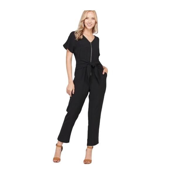 Polagram Black jumpsuit zip front short sleeve with tie sash , pockets, Medium - Picture 1 of 10